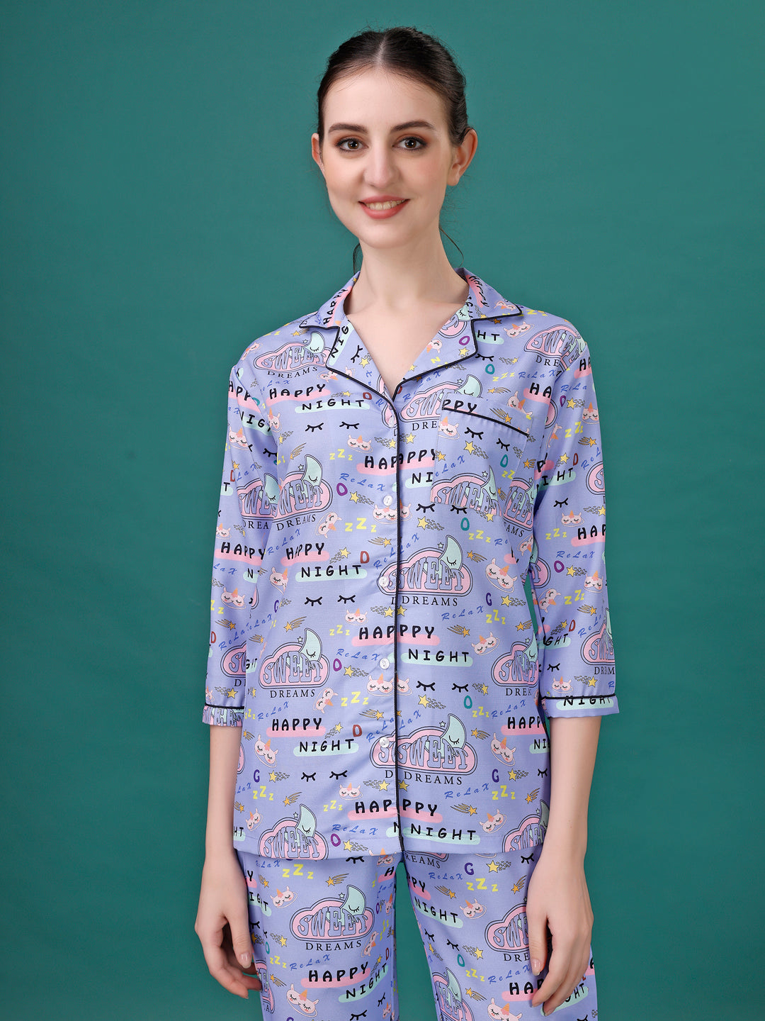 (BOGO) Happy Night Printed Nightsuit For Women With Free Scrunchies