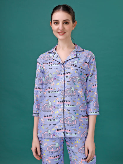 (BOGO) Happy Night Printed Nightsuit For Women With Free Scrunchies