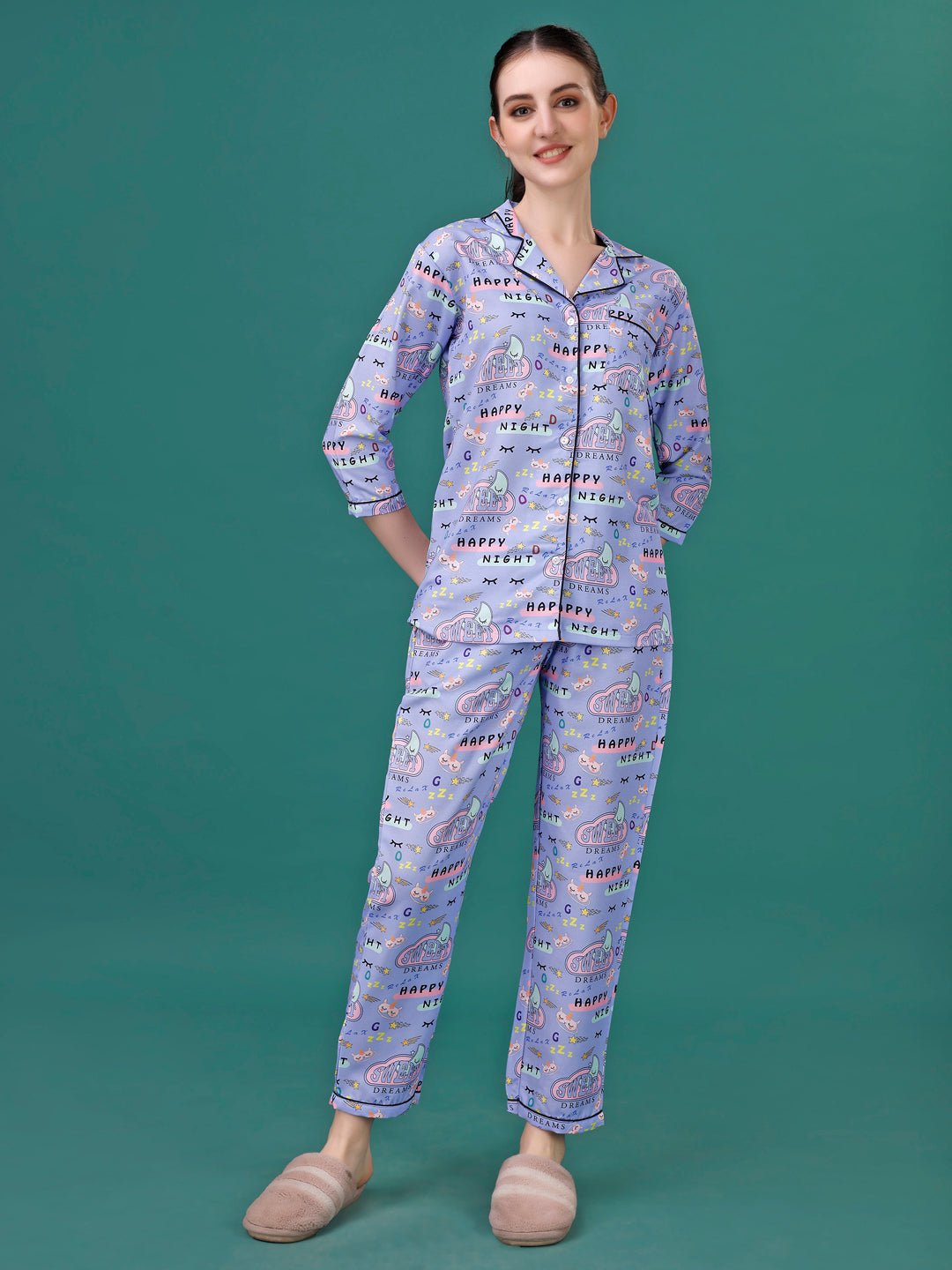 (BOGO) Happy Night Printed Nightsuit For Women With Free Scrunchies