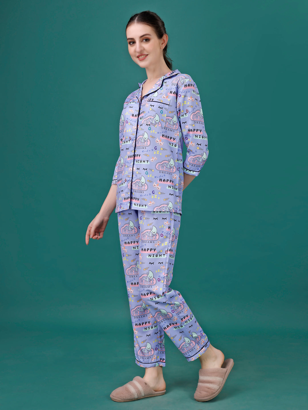 (BOGO) Happy Night Printed Nightsuit For Women With Free Scrunchies