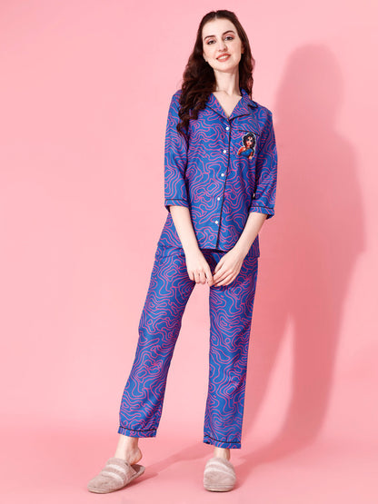 Modern Nari Back Printed Blue Pyjama Set| Womens pjs