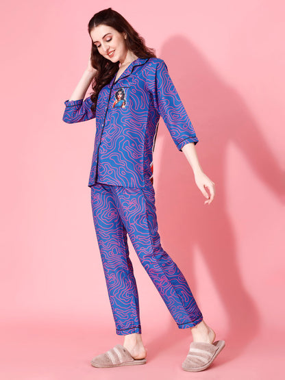 Modern Nari Back Printed Blue Pyjama Set| Womens pjs