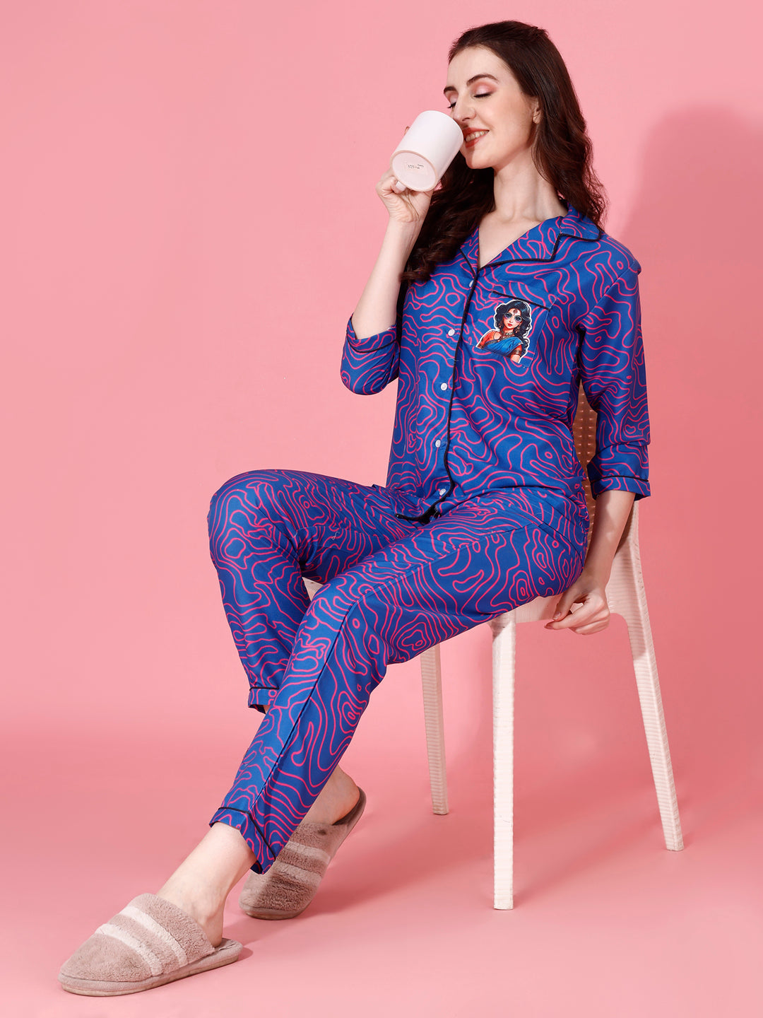 Modern Nari Back Printed Blue Pyjama Set| Womens pjs