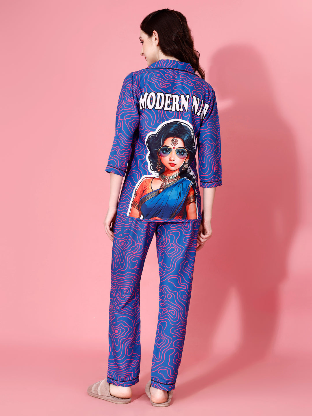 Modern Nari Back Printed Blue Pyjama Set| Womens pjs