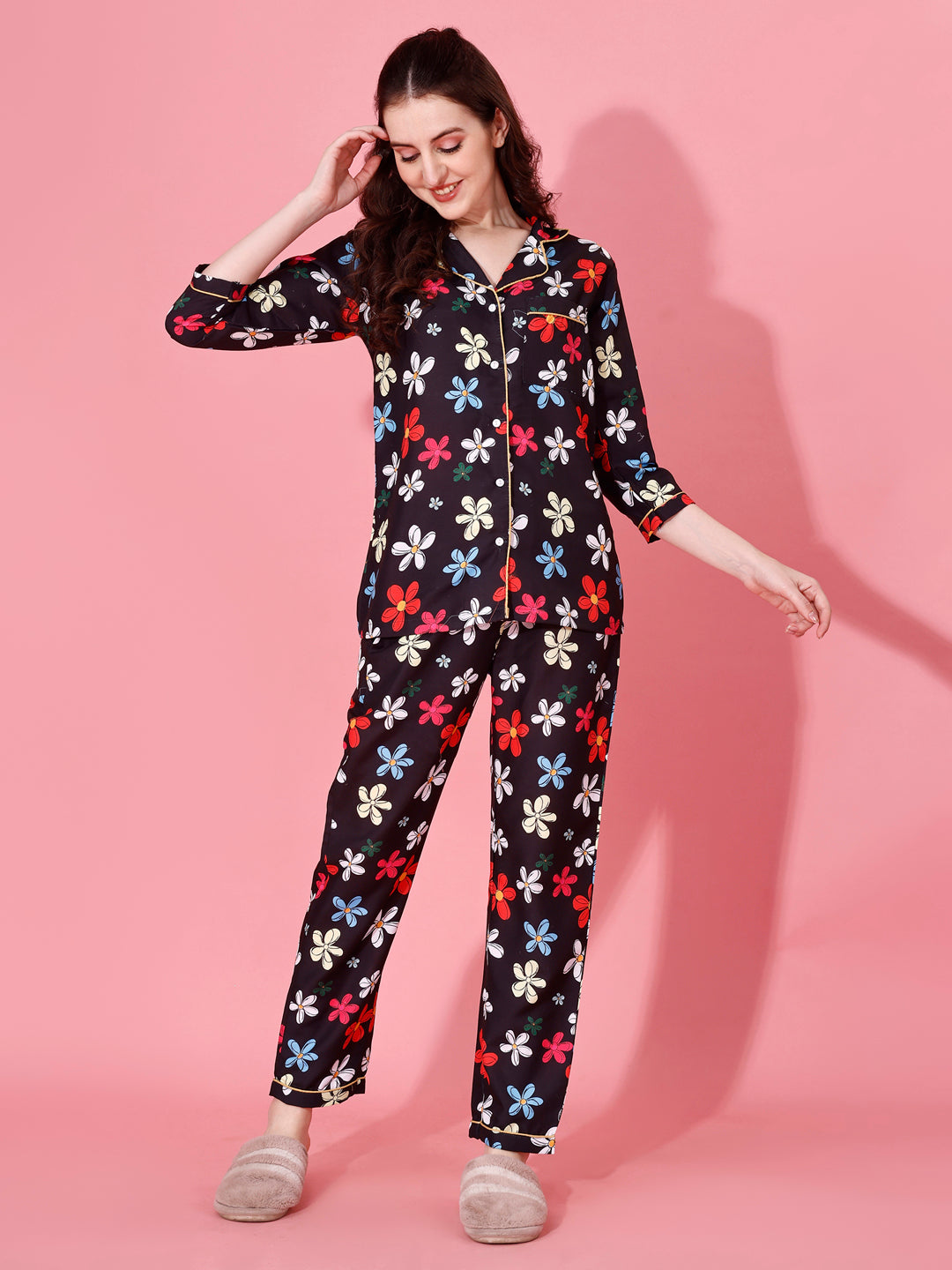 (BOGO) Boss Lady 2 Back Printed Black Pyjama Set With Free Scrunchies (PACK OF 2)