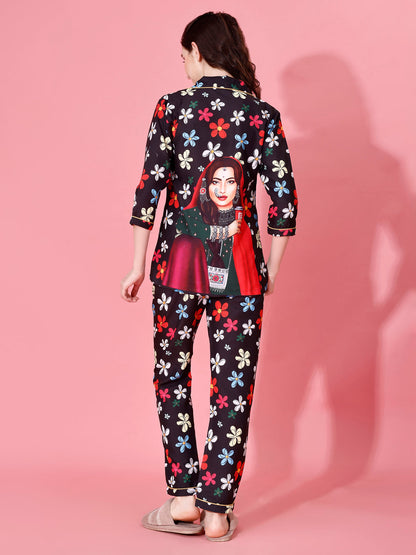 (BOGO) Boss Lady 2 Back Printed Black Pyjama Set With Free Scrunchies (PACK OF 2)