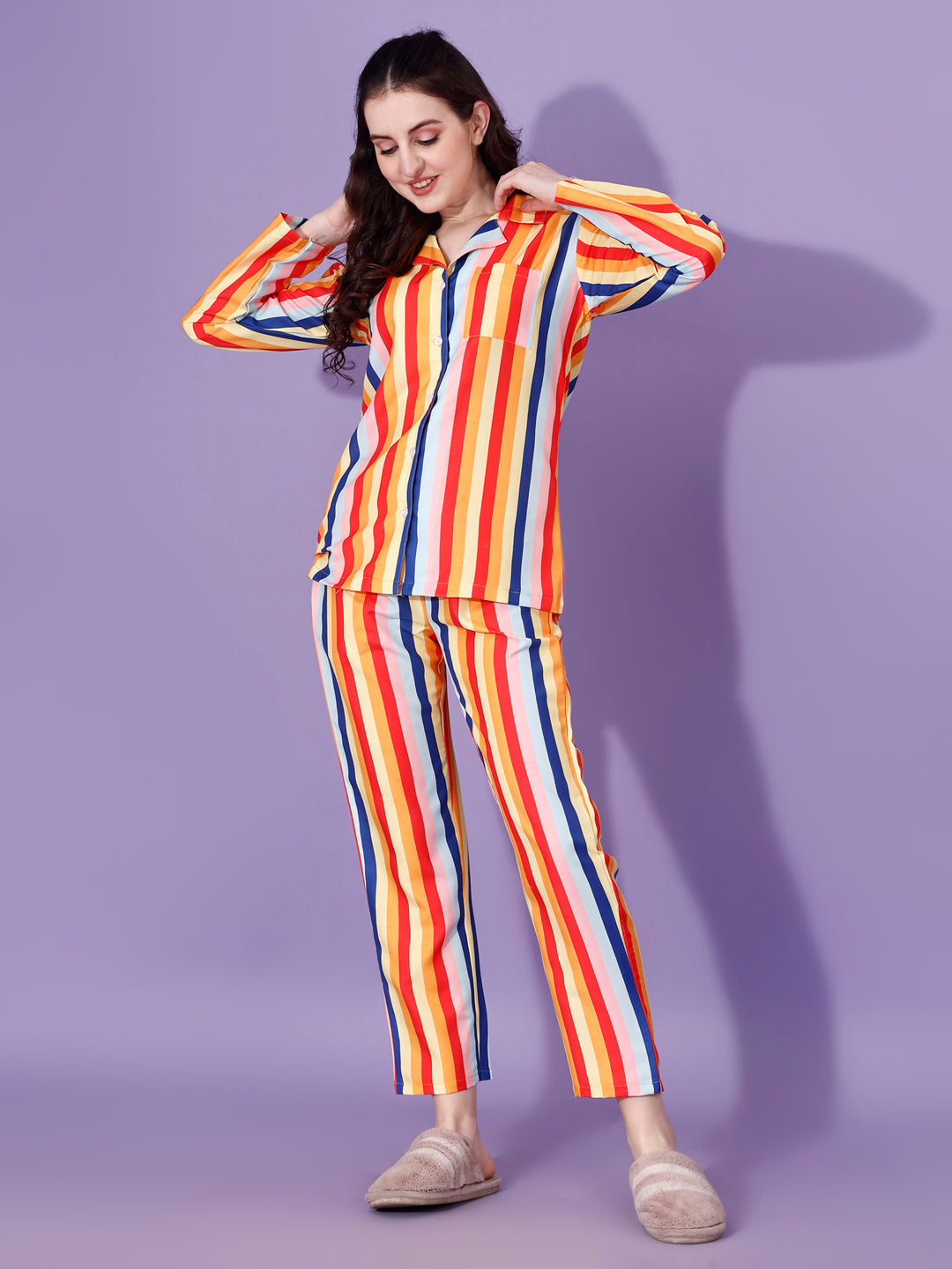 True Color Stripes Printed Nightsuit For Women