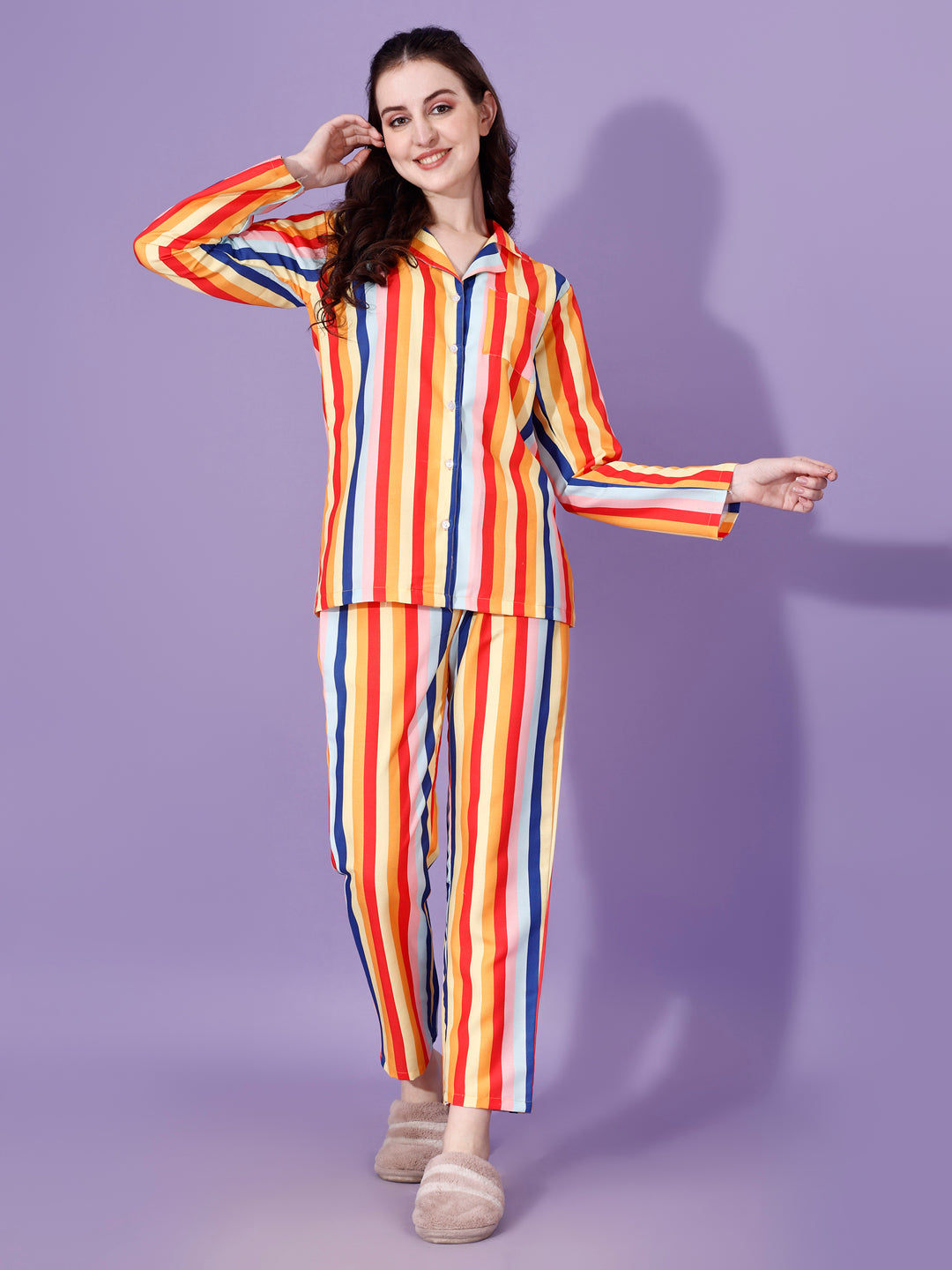 True Color Stripes Printed Nightsuit For Women