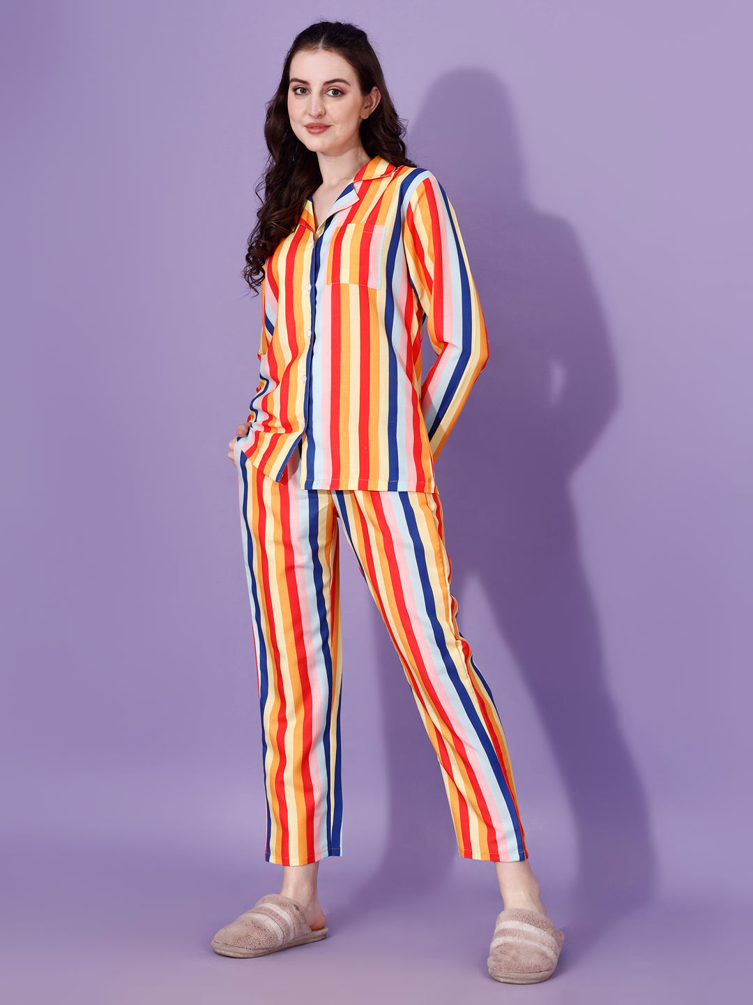 True Color Stripes Printed Nightsuit For Women