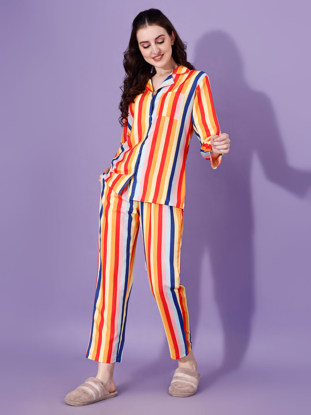 True Color Stripes Printed Nightsuit For Women