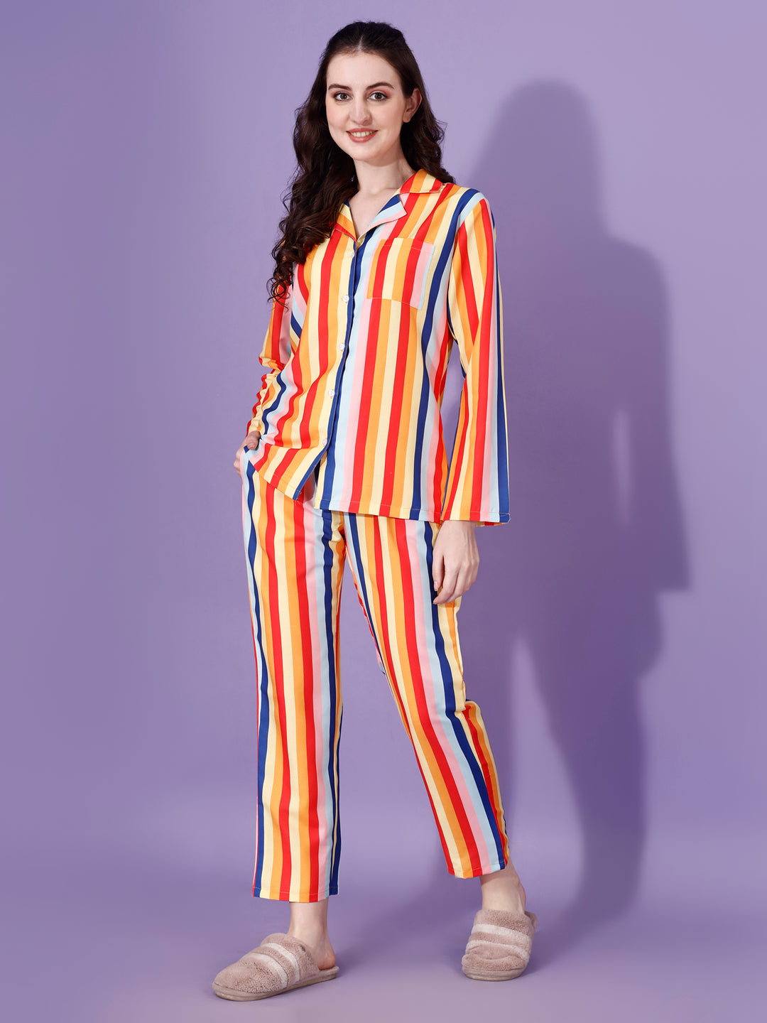 True Color Stripes Printed Nightsuit For Women