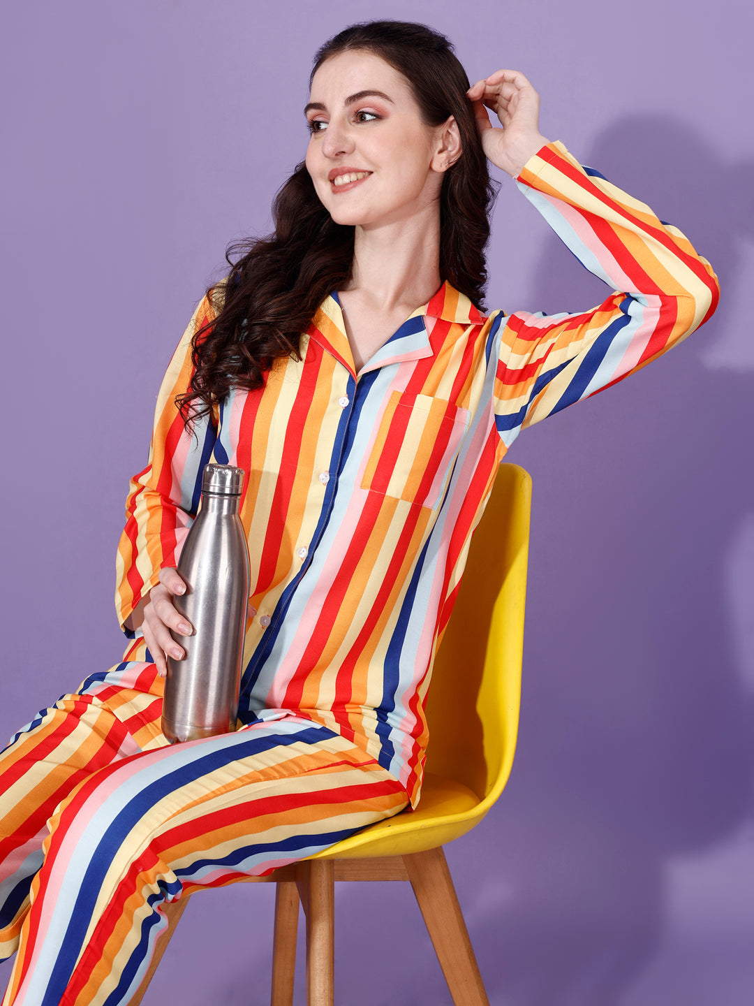 True Color Stripes Printed Nightsuit For Women