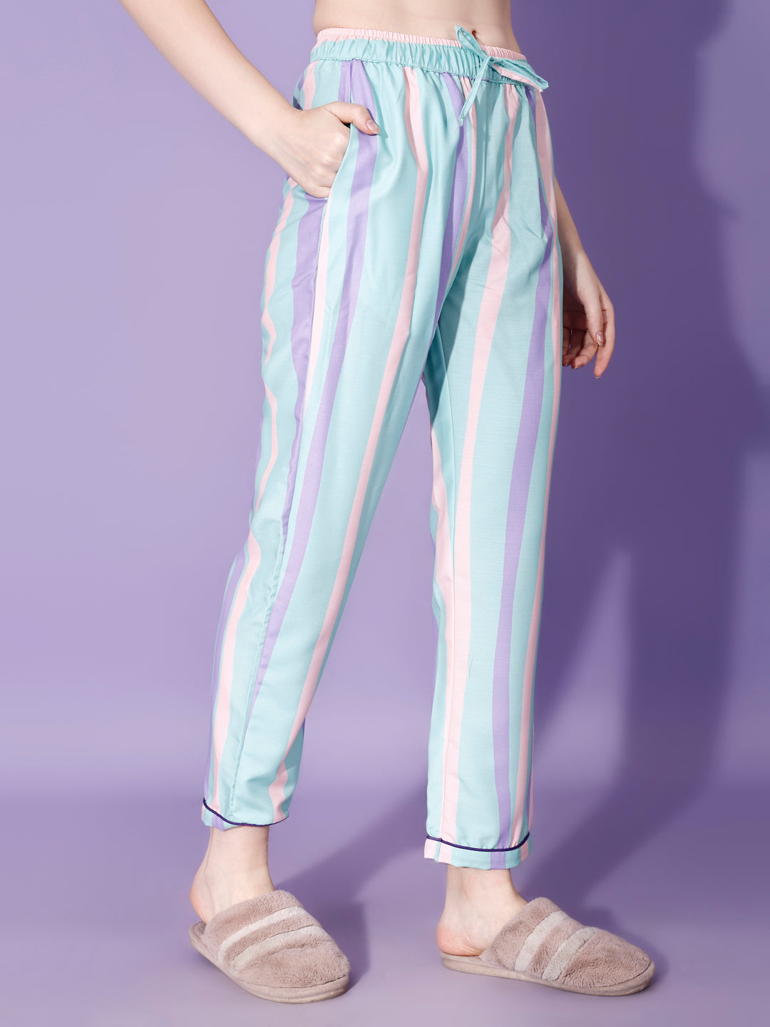 Dream Girl Back Printed Green Stripes Pyjama Set| Womens pjs