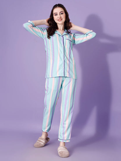 Dream Girl Back Printed Green Stripes Pyjama Set| Womens pjs