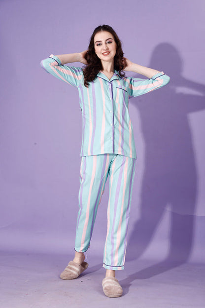 (BOGO) Dream Girl Back Printed Green Stripes Pyjama Set With Free Scrunchies (PACK OF 2)