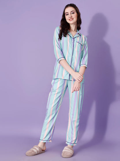 Dream Girl Back Printed Green Stripes Pyjama Set| Womens pjs