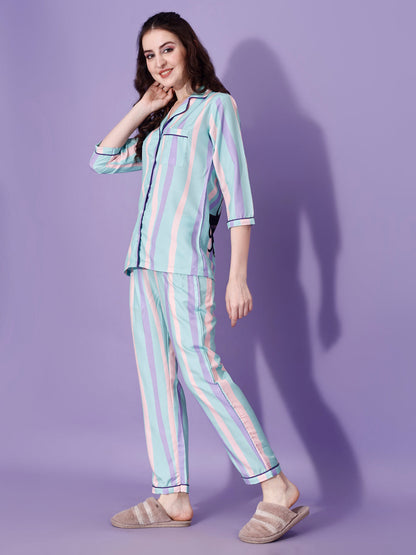 Dream Girl Back Printed Green Stripes Pyjama Set| Womens pjs