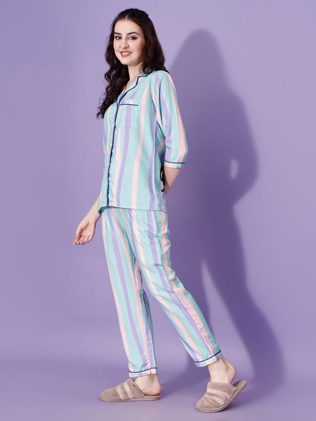 Dream Girl Back Printed Green Stripes Pyjama Set| Womens pjs