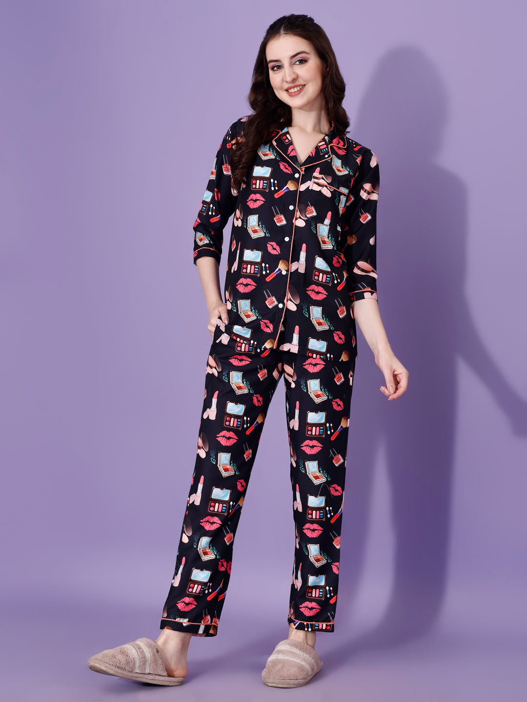 (BOGO) Makeup Printed Nightsuit For Women With Free Scrunchies