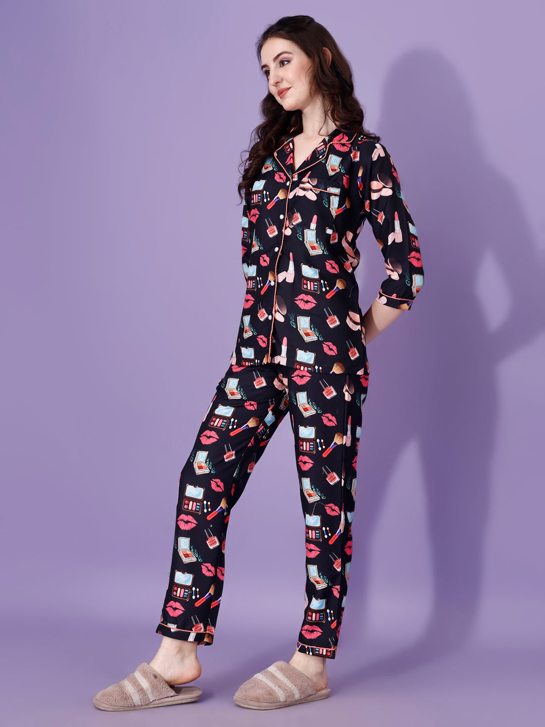 (BOGO) Makeup Printed Nightsuit For Women With Free Scrunchies