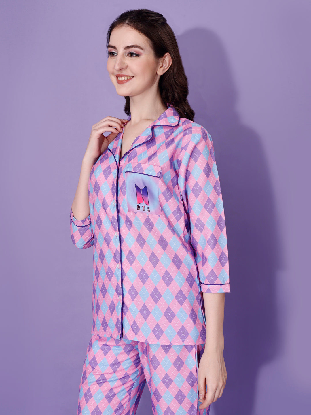 BTS Back Printed Purple & Pink Stripes Pyjama Set| Womens pjs