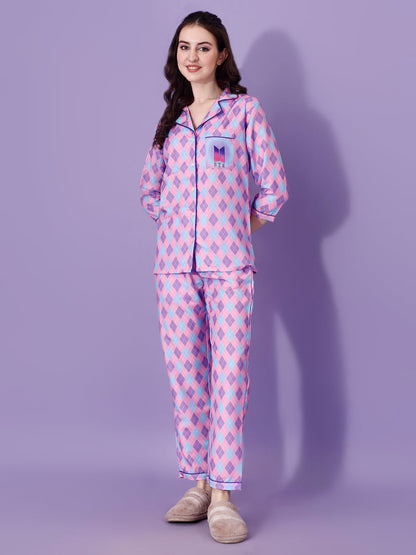 BTS Back Printed Purple & Pink Stripes Pyjama Set| Womens pjs