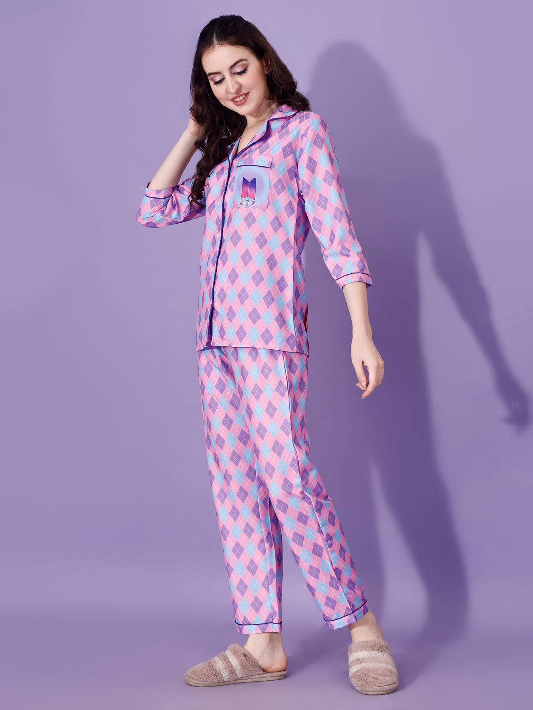 BTS Back Printed Purple & Pink Stripes Pyjama Set| Womens pjs