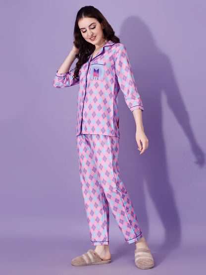 BTS Back Printed Purple & Pink Stripes Pyjama Set| Womens pjs