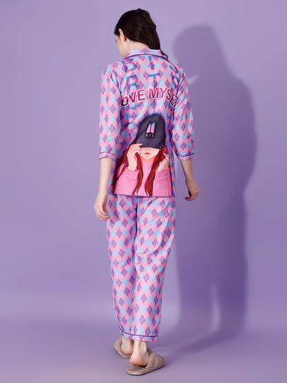 BTS Back Printed Purple & Pink Stripes Pyjama Set| Womens pjs