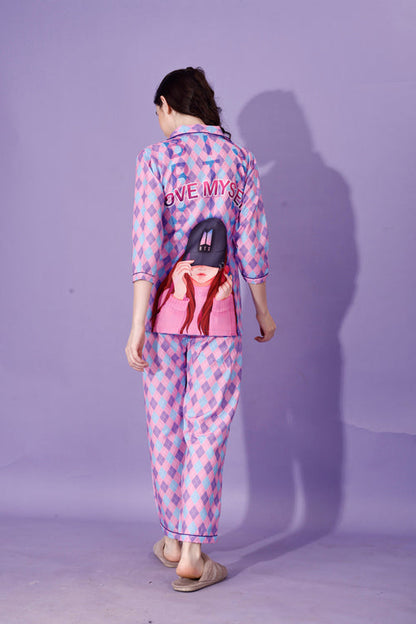 (BOGO) BTS Back Printed Purple & Pink Stripes Pyjama Set With Free Scrunchies(PACK OF 2)