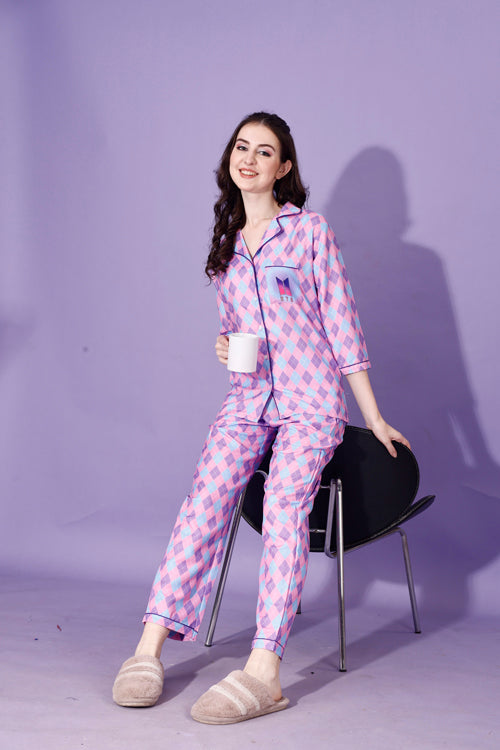 (BOGO) BTS Back Printed Purple & Pink Stripes Pyjama Set With Free Scrunchies(PACK OF 2)