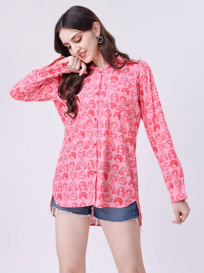 Pink Lady Premium Print Button Down Oversize Shirt