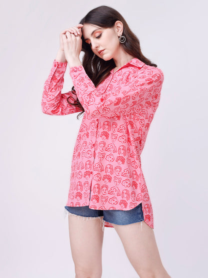 Pink Lady Premium Print Button Down Oversize Shirt