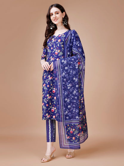 Leaf & Floral Printed Straight Kurta with Pant and Dupatta Set (Navy Blue)