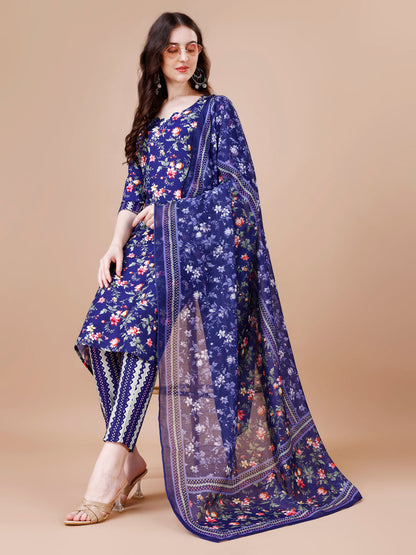 Leaf & Floral Printed Straight Kurta with Pant and Dupatta Set (Navy Blue)