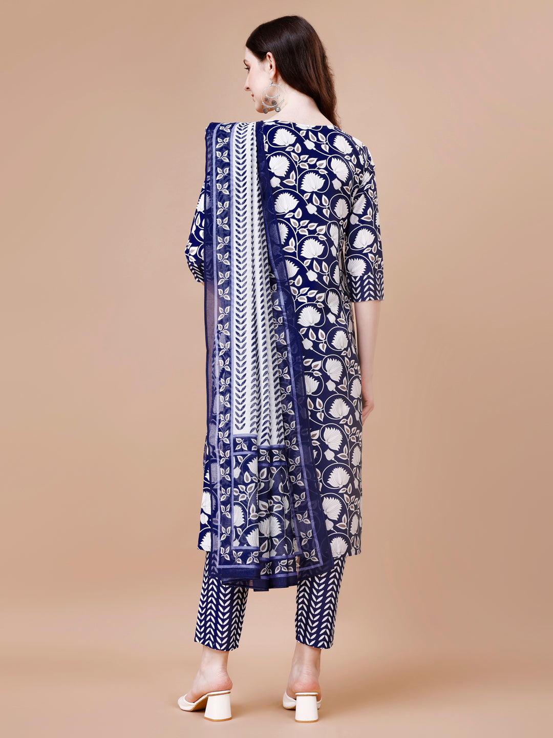 Floral Printed Straight Kurta with Pant and Dupatta (Blue)