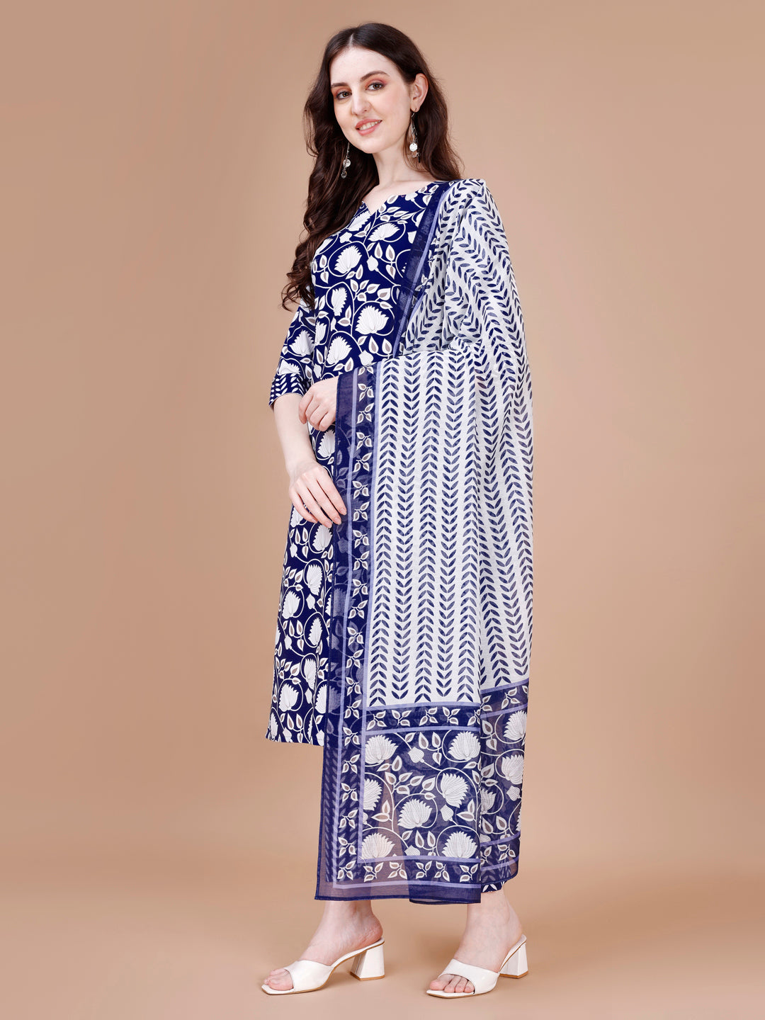 Floral Printed Straight Kurta with Pant and Dupatta (Blue)