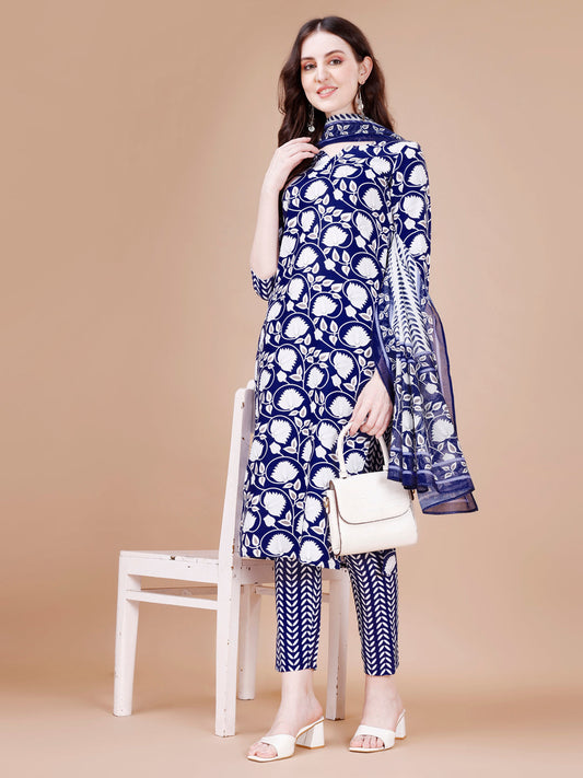 Floral Printed Straight Kurta with Pant and Dupatta (Blue)