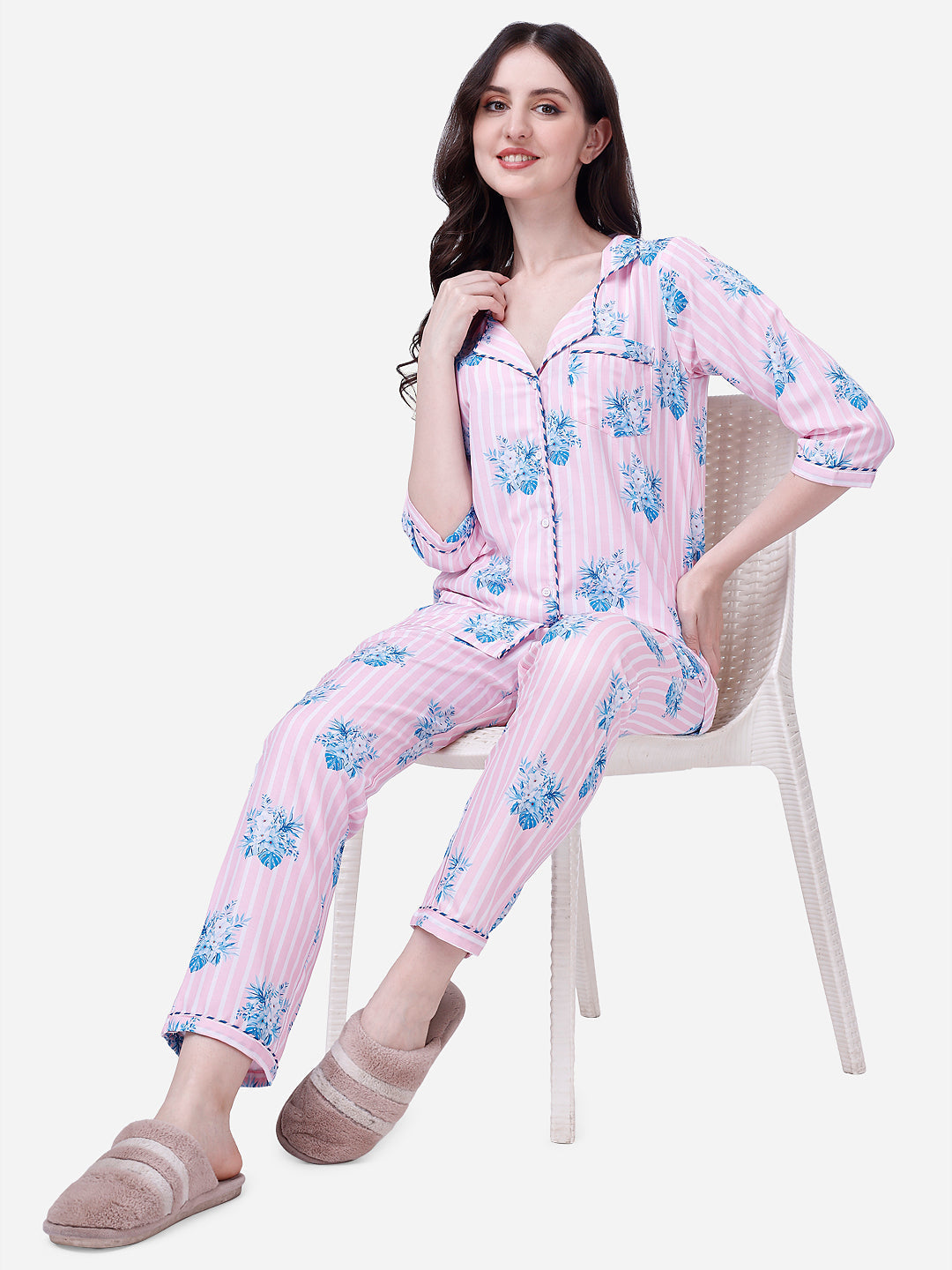 (BOGO) Florals stripes Printed Pyjama Set With Free Scrunchies