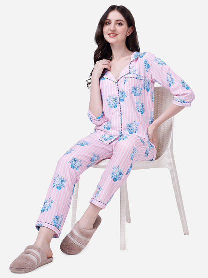 Florals stripes Printed Pyjama Set