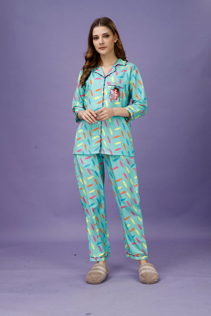 Cotton Candy Back Printed Black Pyjama Set| Womens pjs