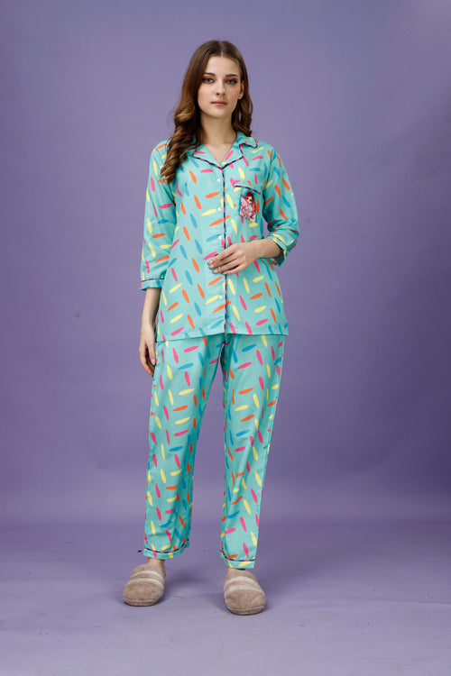 Cotton Candy Back Printed Black Pyjama Set| Womens pjs