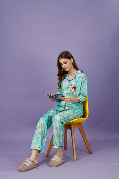 Cotton Candy Back Printed Black Pyjama Set| Womens pjs