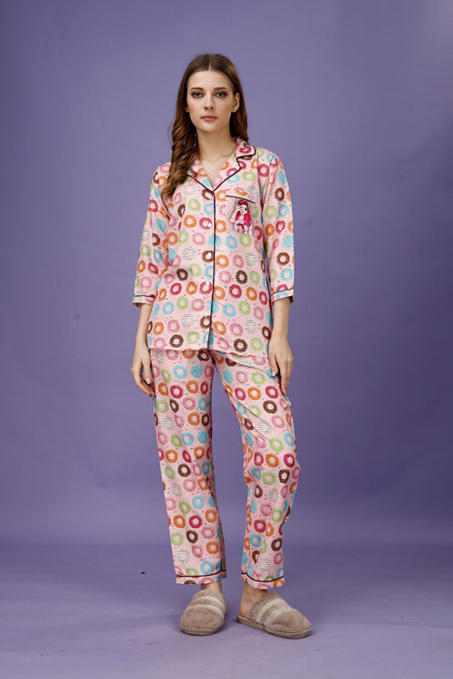 Donut Back Printed Black Pyjama Set| Womens pjs