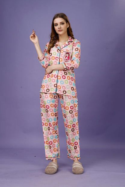 (BOGO) Donut Back Printed Black Pyjama Set With Free Scrunchies