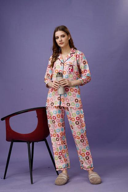 (BOGO) Donut Back Printed Black Pyjama Set With Free Scrunchies