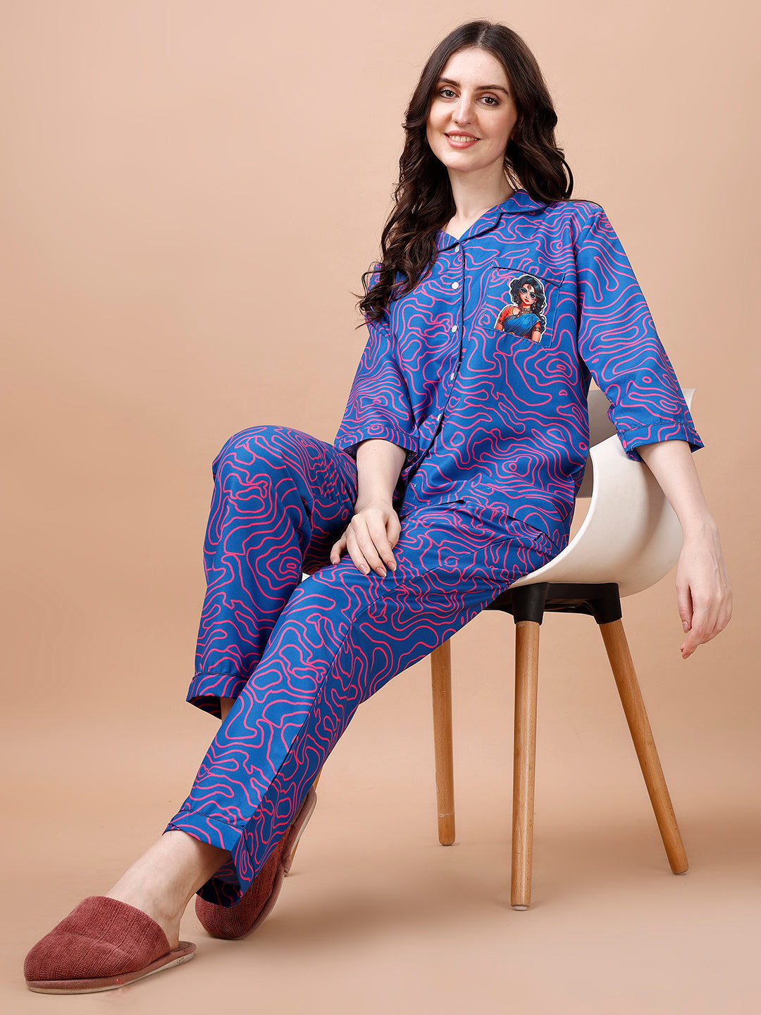 (BOGO) Modern Nari Back Printed Blue Pyjama Set With Free Scrunchies (PACK OF 2)