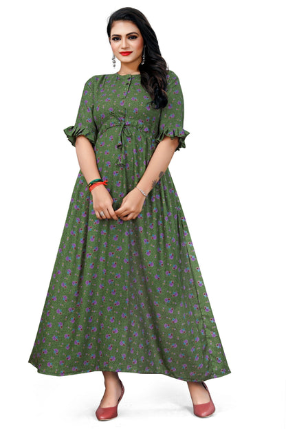 CLOZENA ALPINE WOMEN PRINTED GREEN MAXI NIGHT GOWN