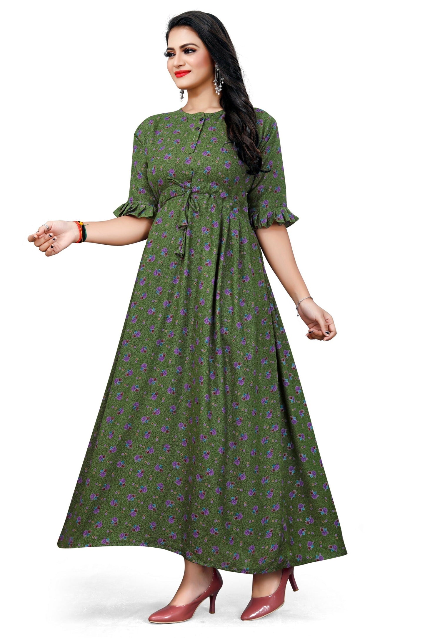 CLOZENA ALPINE WOMEN PRINTED GREEN MAXI NIGHT GOWN