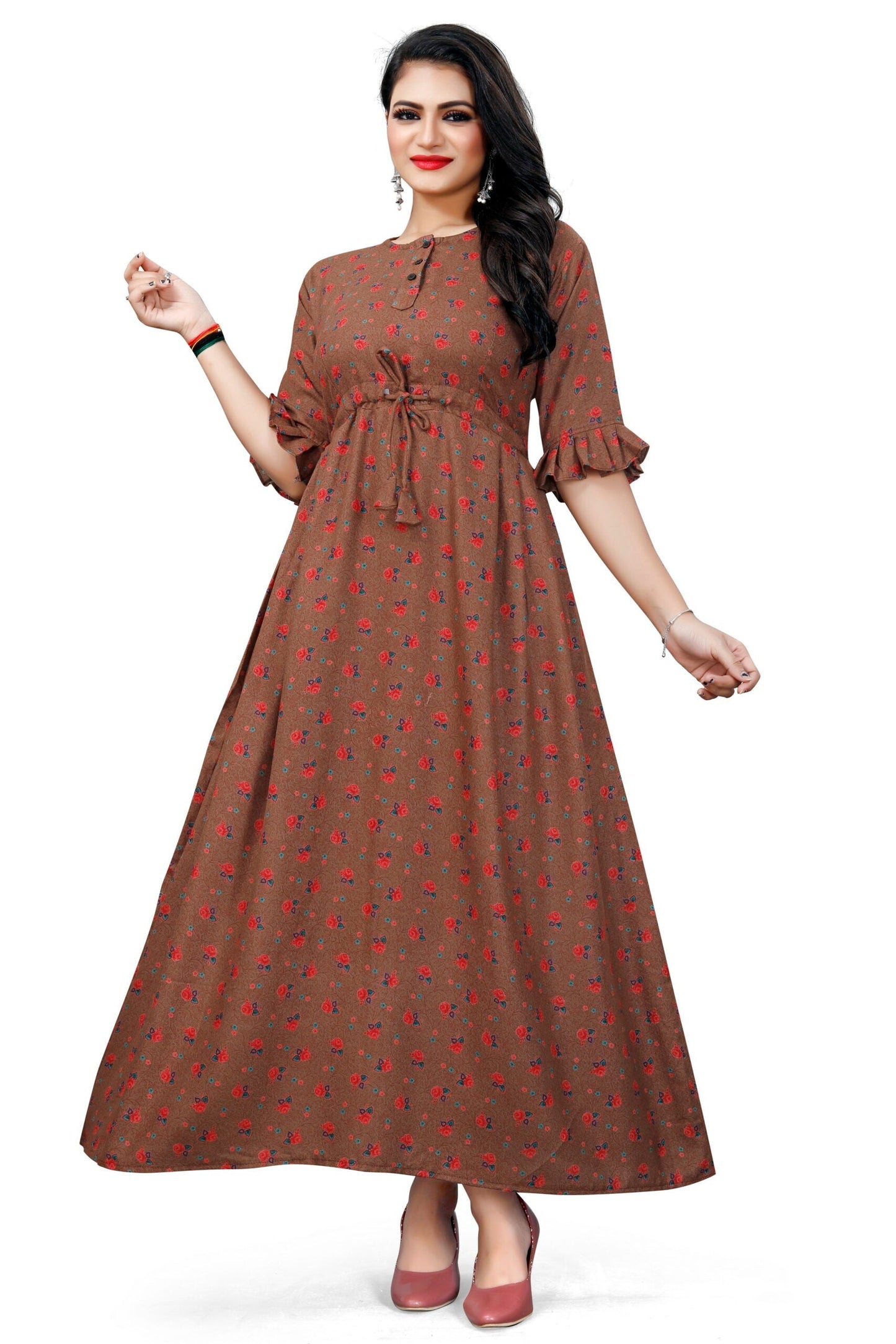 CLOZENA ALPINE WOMEN PRINTED BROWN MAXI NIGHT GOWN